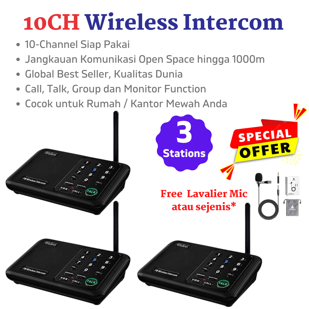 THE Modern 10CH Wireless Intercom 3 Station - Radio Interkom FM Wireless Interphone Wuloo Design