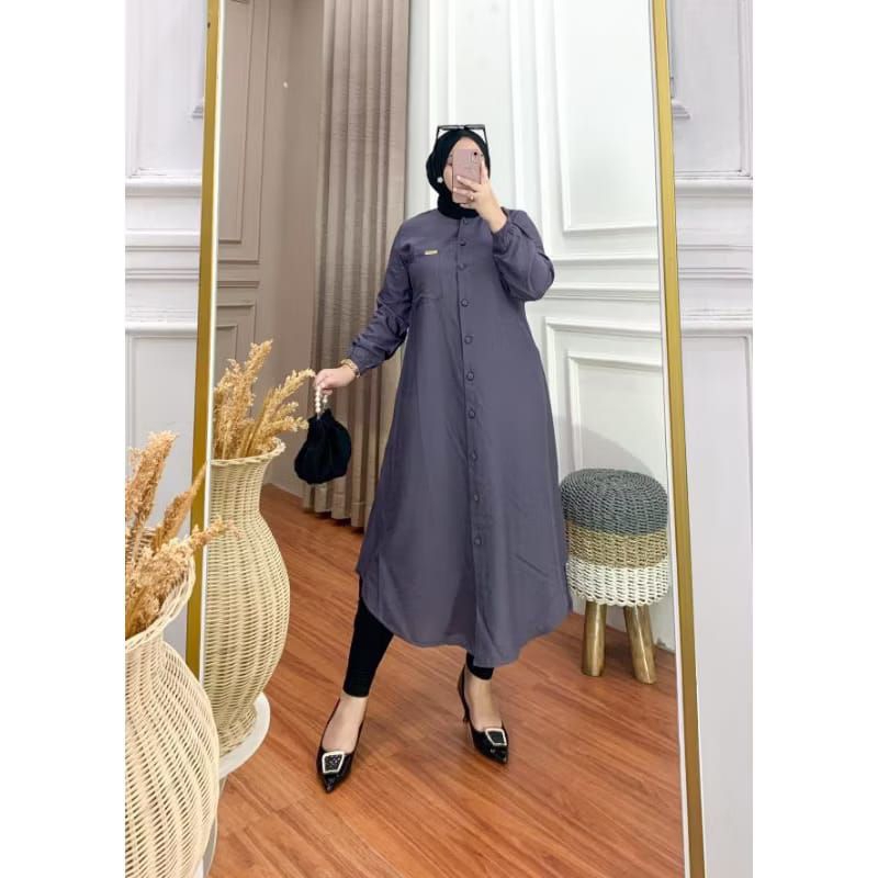 Termurah Carisa Long Tunik Polo Linen Polos Kancing Tunik Jumbo