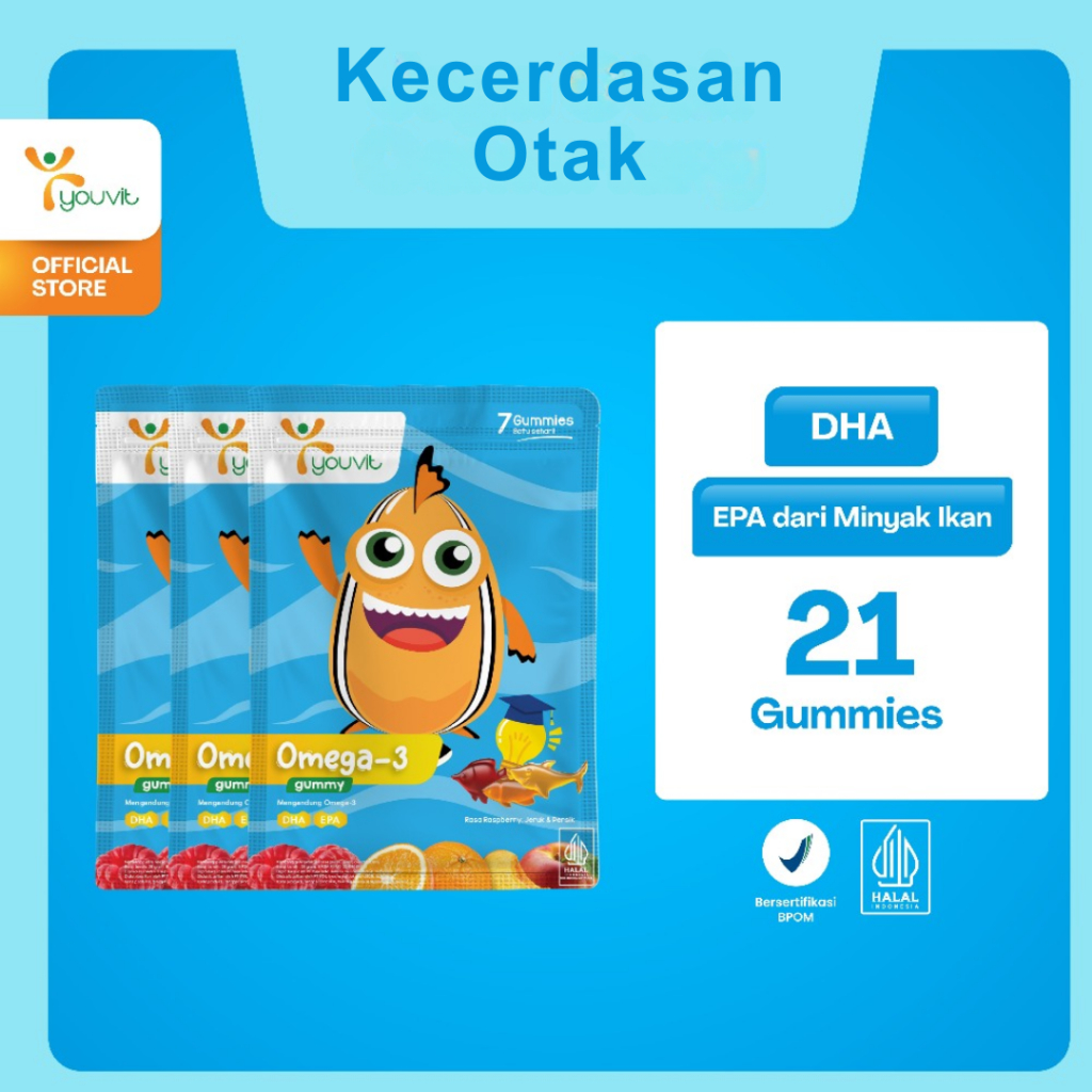 Youvit Omega 3 Anak 3 Sachet (21 Hari) untuk Otak, Mata Anak (Vitamin Otak Anak) | Kecerdasan Anak