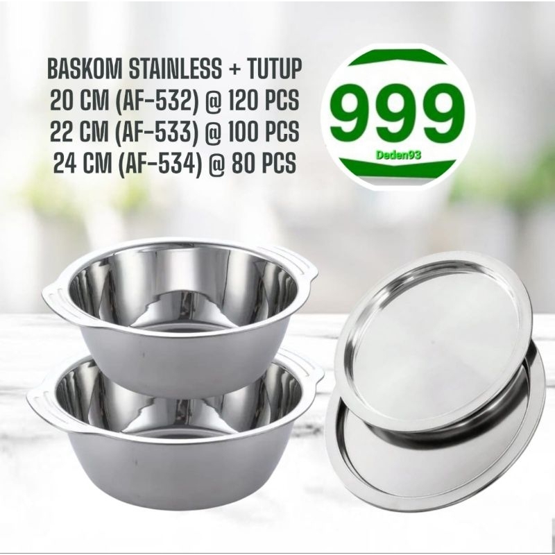 BASKOM STAINLESS STEEL + TUTUP / BASKOM TUTUP STAINLESS STEEL 24 22 20 CM PREMIUM
