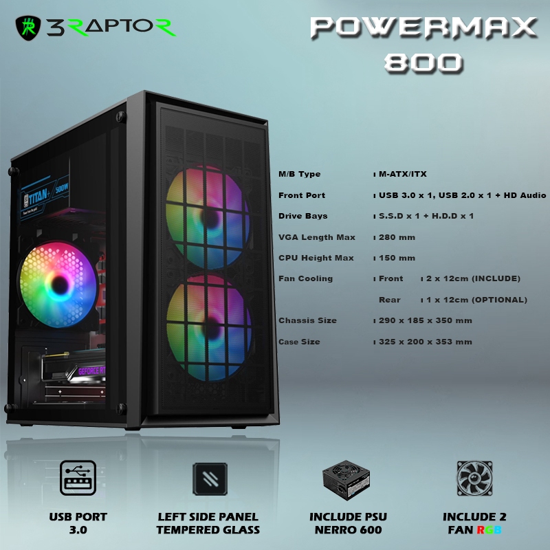 Case PC Gaming Raptor PowerMax 800 CPM800 Include 2 FAN RGB Include PSU