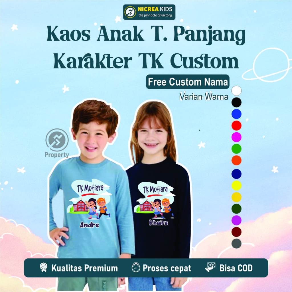 Kaos Anak TK/Paud Custom Sablon Nama dan Sekolah TK Usia 1-12 Th Tangan Panjang