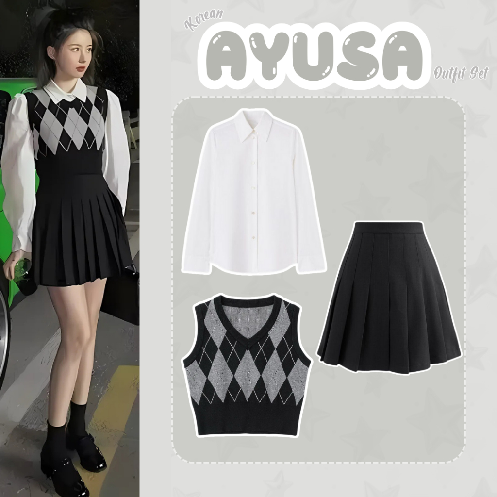 Ayusa Outfit Set [Kemeja Putih + Vest + Rok Mini] OOTD Korean Simple Cocok Untuk Hangout dan Ngampus