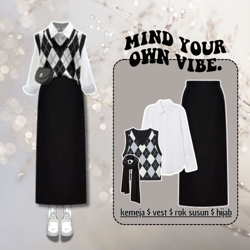 Outfit Wanita Hijab ( Vest + Kemeja + Rok Span + Hijab ) OOTD Korean Style Kekinian L16
