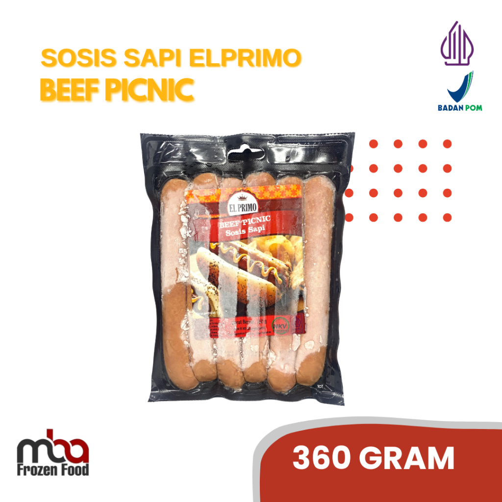 

El Primo Sosis Sapi Beef Picnic 360 gram /Sosissapi /Sapi /Sosis /Daging /Kornet /Sate /Snack /Camilan /Dagingsapi /Dagingayam /Ayam /Frozenfood