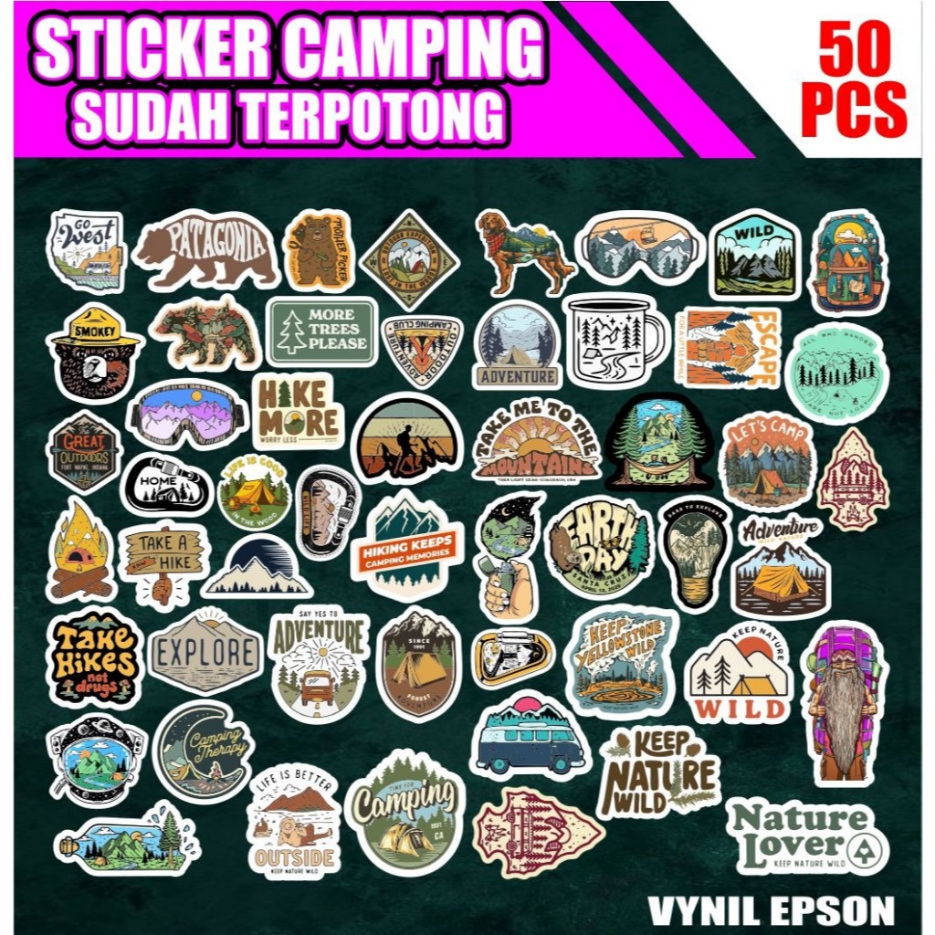 

50 pcs stiker pack camping and hiking adventure sudah terpotong