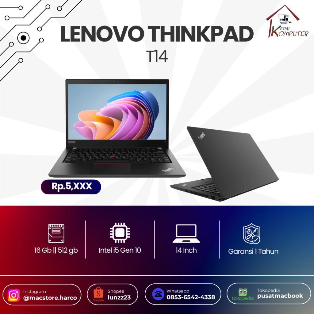 LENOVO Thinkpad T14 Intel i5 Gen 10 / 16GB/512 / 14" / Laptop Murah / Second Bergaransi