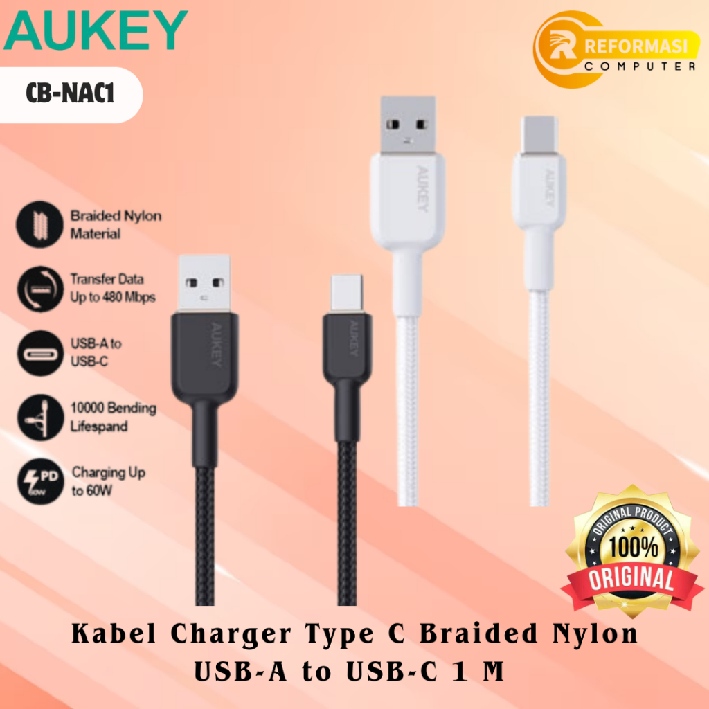 AUKEY Kabel Charger AUKEY  Type C Braided Nylon USB-A to USB-C 1 M CB-NAC1