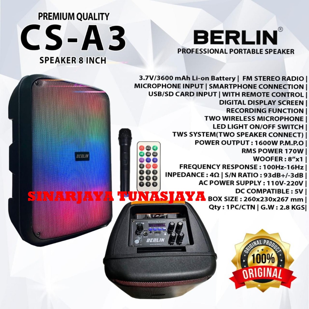 Speaker Aktif Portable Wireless Professional 8 Inch BERLIN  CSA3 Speaker 238 / CS - A3 | Bluetooth, 