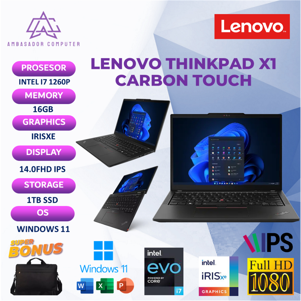 Lenovo thinkpad x1 carbon touch I7 1260p ram16gb 1tbssd layar 14.0fhd ips