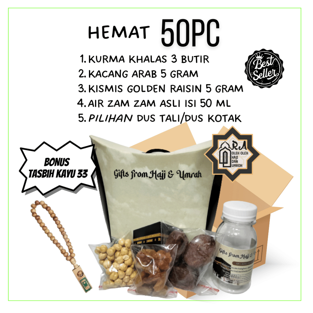 

PAKET SUPER HEMAT 50 pcs Oleh Oleh Haji dan Umroh Souvenir Umroh / Paperbag Isi Air Zam Zam Kurma Kismis Kacang Arab