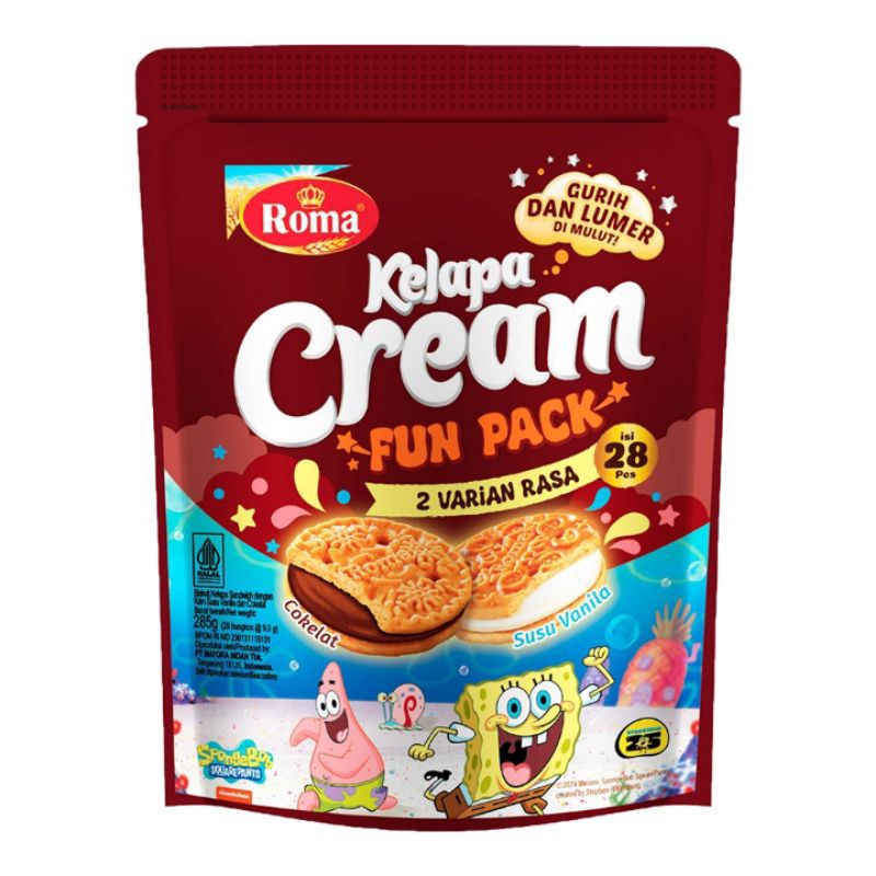 

Roma biskuit fun pack krim kelapa rasa cokelat & susu vanilla 285 g