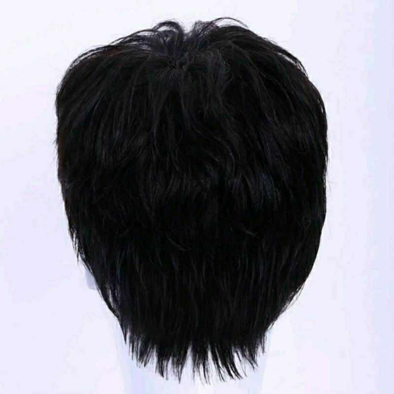 Wig Pria Rambut Pendek Poni Panjang Tebal Warna Hitam Rambut Palsu Cowok Poni Korean Wigman