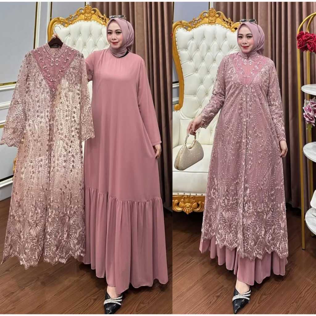 Kiukiu Harumma Set Dress - Gamis + Outer Brukat payet Sawarivski - Gamis Brukat Busui Outer Brukat