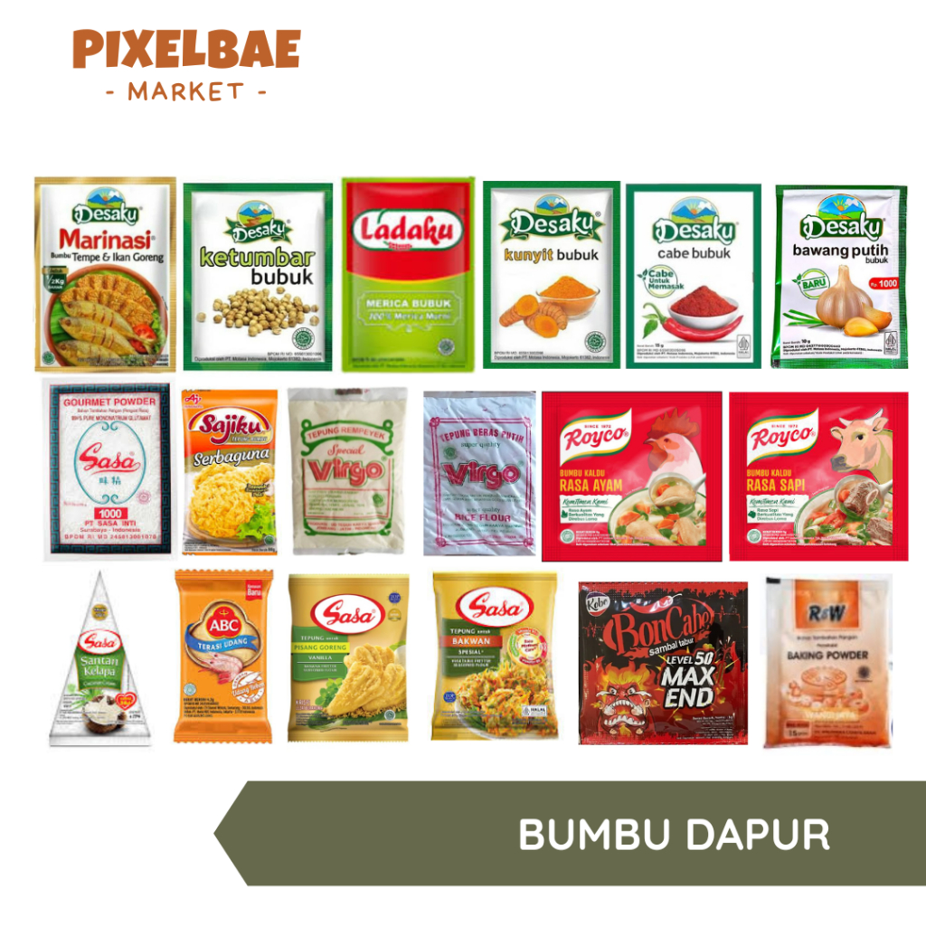 

BUMBU DAPUR DESAKU MARINASI IKAN KETUMBAR BUBUK CABE CABAI LADAKU KUNYIT BAWANG PUTIH SASA MICIN SAJIKU TEPUNG SERBAGUNA VIRGO REMPEYEK BERAS PUTIH ROYCO AYAM SAPI SANTAN INSTAN TERASI ABC PISANG GORENG BAKWAN BON CABE BAKING POWDER R&W