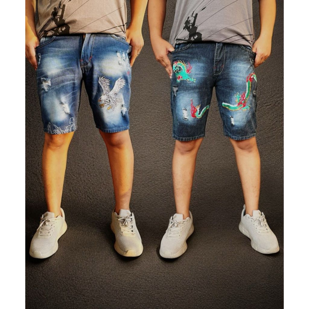 PENDEK JEANS STANDAR / PENDEK REGULER PRIA / Celana jeans pendek bahan denim motif bordir naga keren