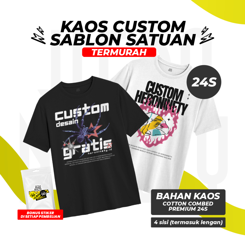 Heroninety - Custom Kaos Sablon DTF Satuan 24's / Kaos Custom Satuan / Kaos Custom Kado