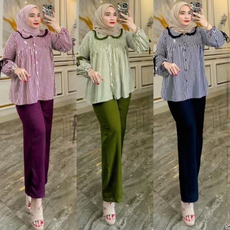 ZIZI SET SETELAN CPLP RAYON MOTIF SALUR  LENGAN PITA KERAH CIBI GARIS KOMBI CELANA POLOS CARGO NYAMA