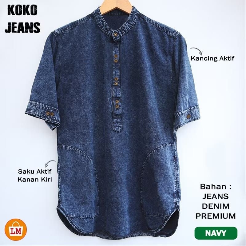 Adnan -  Baju Koko Kemeja Jeans denim Pria Laki Arab Muslim Lengan pendek ukuran M L XL XXL JUMBO se