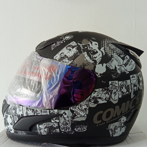 HELM JPN FULLFACE TANDUK MOTIF KACA RAINBOW COMIC BLACK DOFF