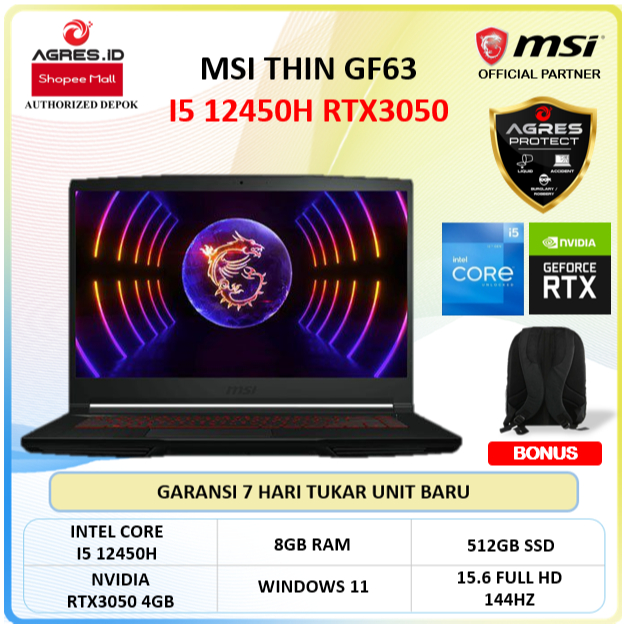 MSI Thin GF63 i5 12450H RTX3050 Laptop