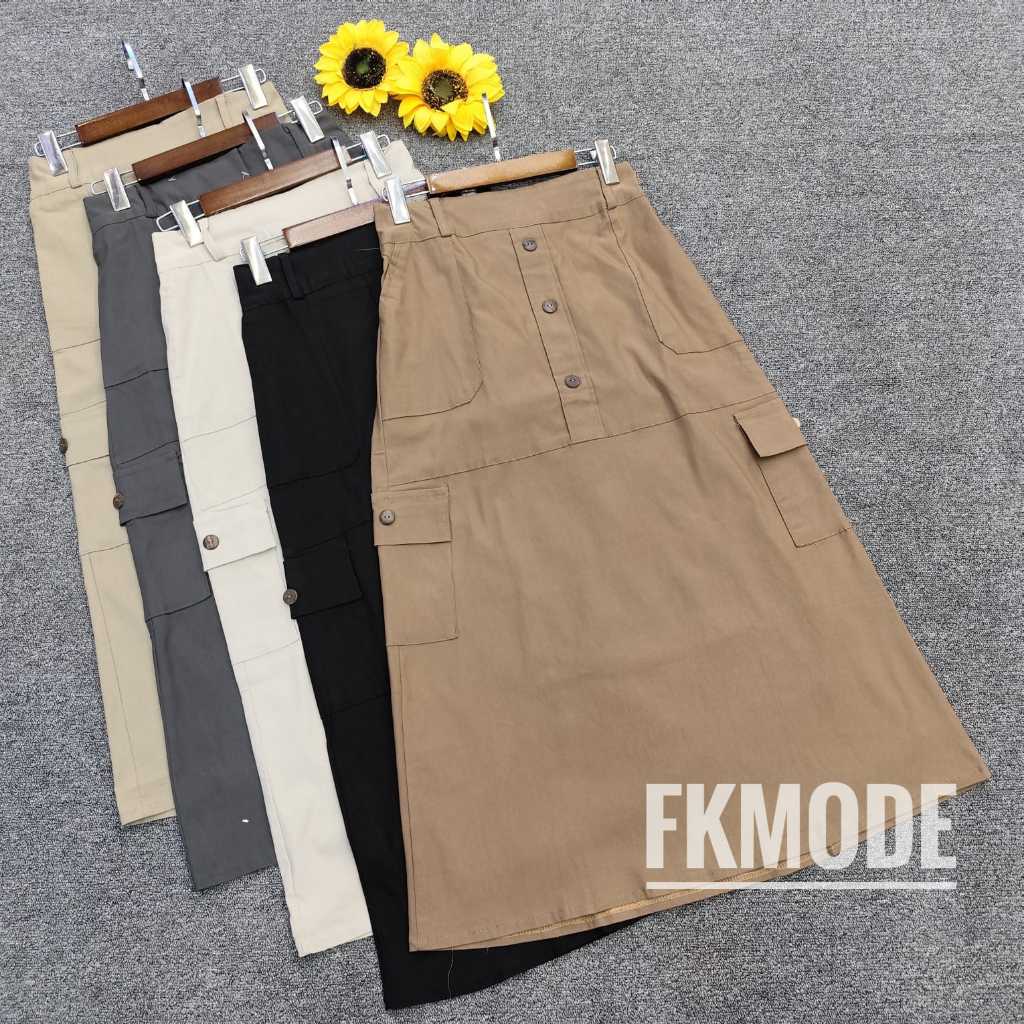 Rok Cargo MH Span Lady Aksen Kancing Batok Bahan Katun Twill twill Panjang