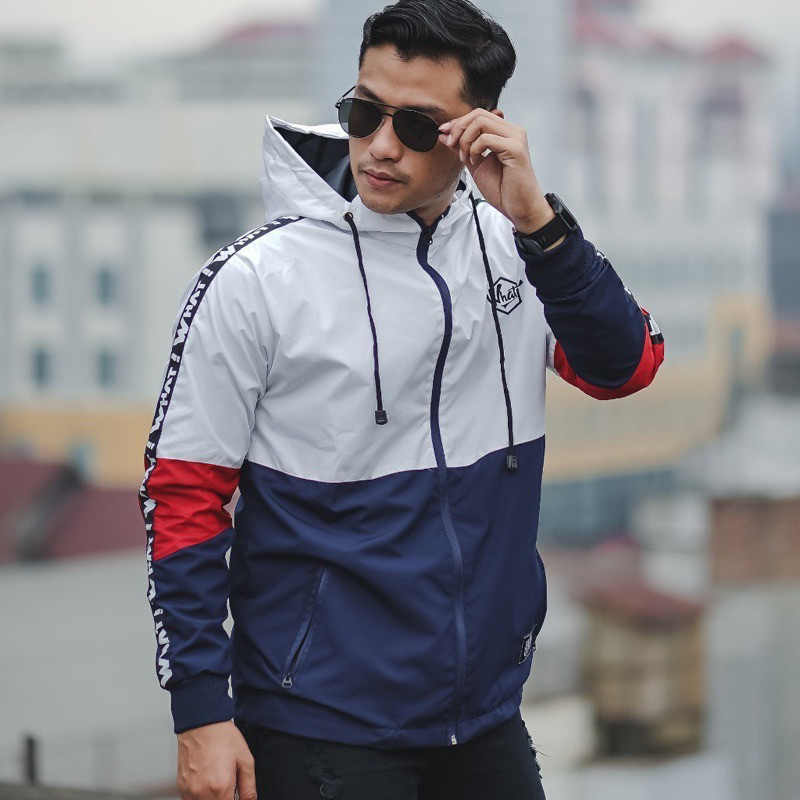 JAKET PARASUT OUTDOOR PRIA KEREN / JAKET RUNNING CASUAL PUTIH NAVY