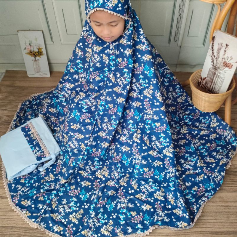 Mukena Anak Tanggung 10-13 thn Katun adem Muslim Motif Renda Mukenah Rayon Cantik Biru Hitam - Trave