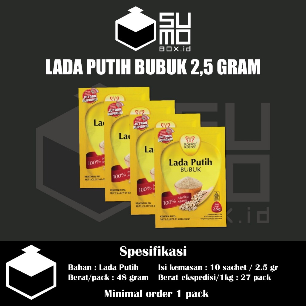 

Lada Putih Bubuk Renceng Koepoe Koepoe 2.5gr x 10 Sachet / Bumbu Merica Bubuk