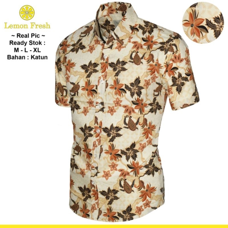 KEMEJA BATIK - CREAM - MOTIF BUNGA BAJU PRIA SLIMFIT CASUAL MODERN KEREN