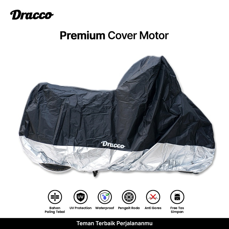 Sarung Cover Motor Anti Air & Panas DRACCO –Tebal Waterproof, Anti Gores, Free Tas-Hitam Silver