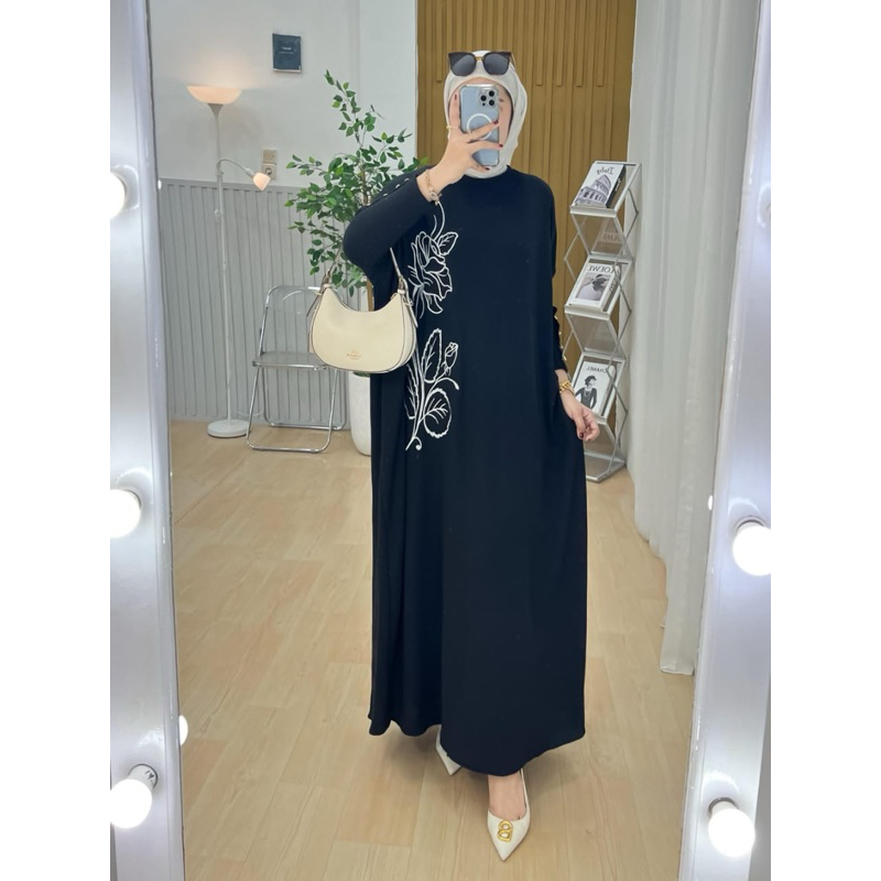gamis batwing inara bordir bunga kaos knit rajut