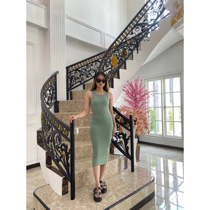 Long Dress Bodycon Korean Style | Dress Panjang Tanktop Bahan Kaos Rib Wanita