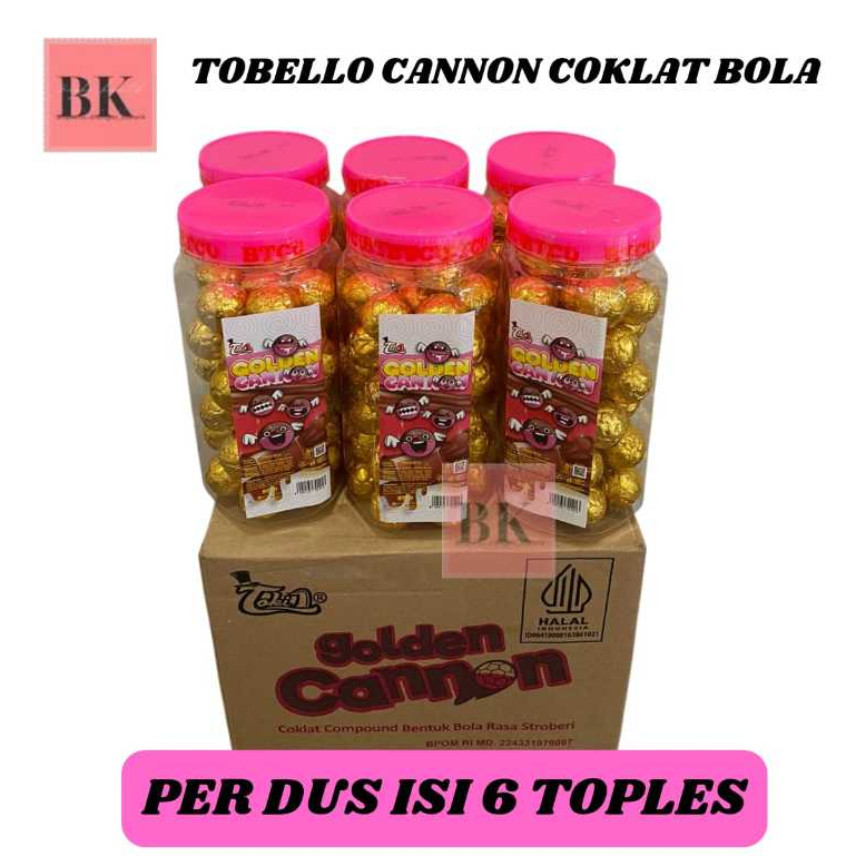 

(1DUS ISI 6 TOPLES) TOBELLO GOLDEN CANNON/TOBELLO CANNON COKLAT BALLS RASA STROBERI 1 TOPLES ISI 40PCS