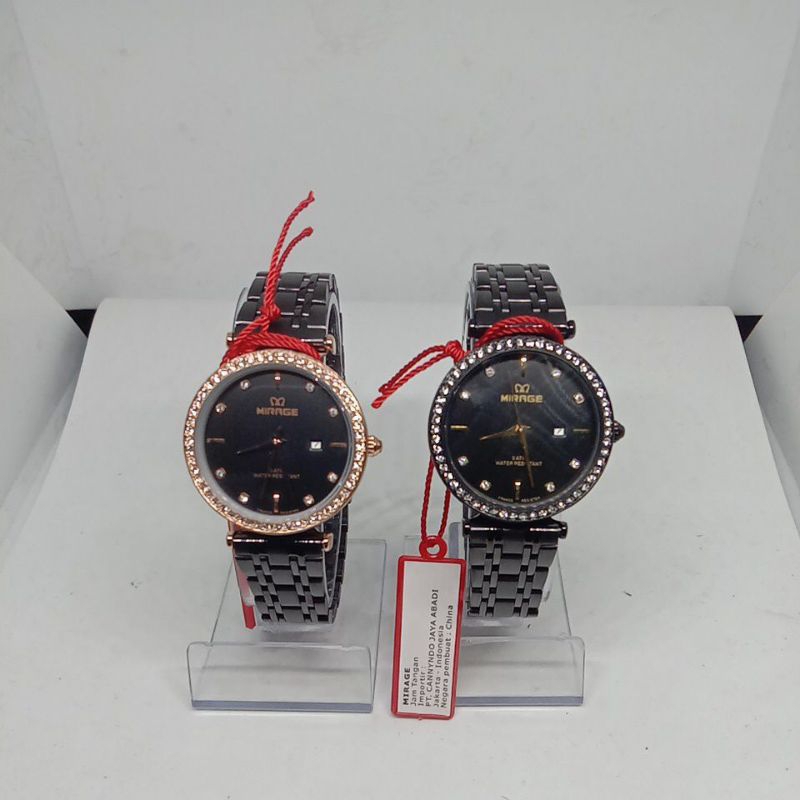Jam Tangan Mirage (8821BRP-L) Permata Pemakaian Wanita tali rantai warna Hitam/RoseGold (Original)