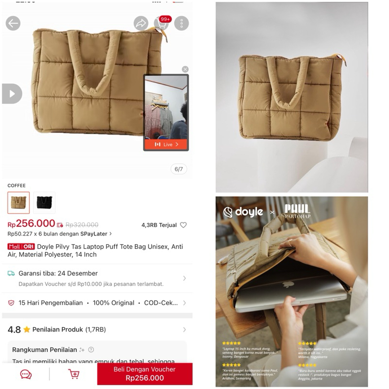 DOYLE TAS LAPTOP PUFF TOTEBAG 14" WATERPROOF WARNA COFFE