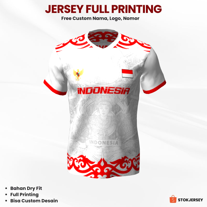 Kaos Jersey Futsal Putih Merah Motif Batik Kebudayaan Indonesia 405 - Jersey Olahraga Custom Lengan 