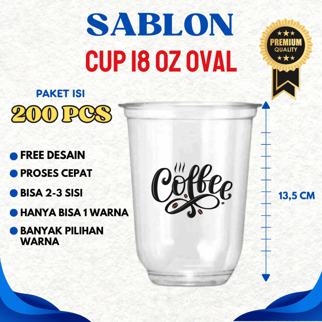 Sablon CUP Plastik Custom, Sablon Cup Oval 18 oz Merak Paket Isi 100 PCS