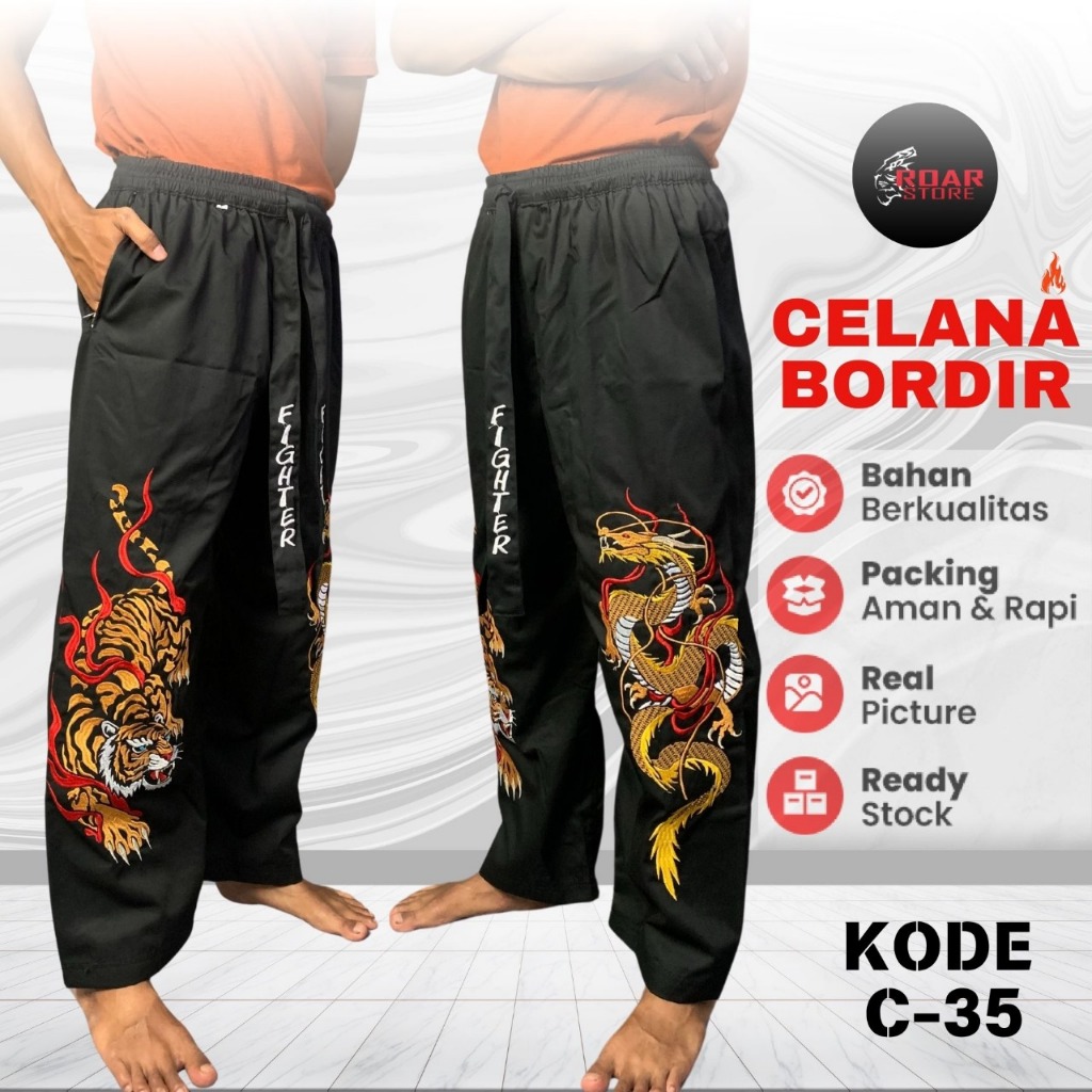 Celana Pakaian Silat Bordir C-35 Motif Gambar Naga Harimau Macan Komprang Panjang Bahan Tebal