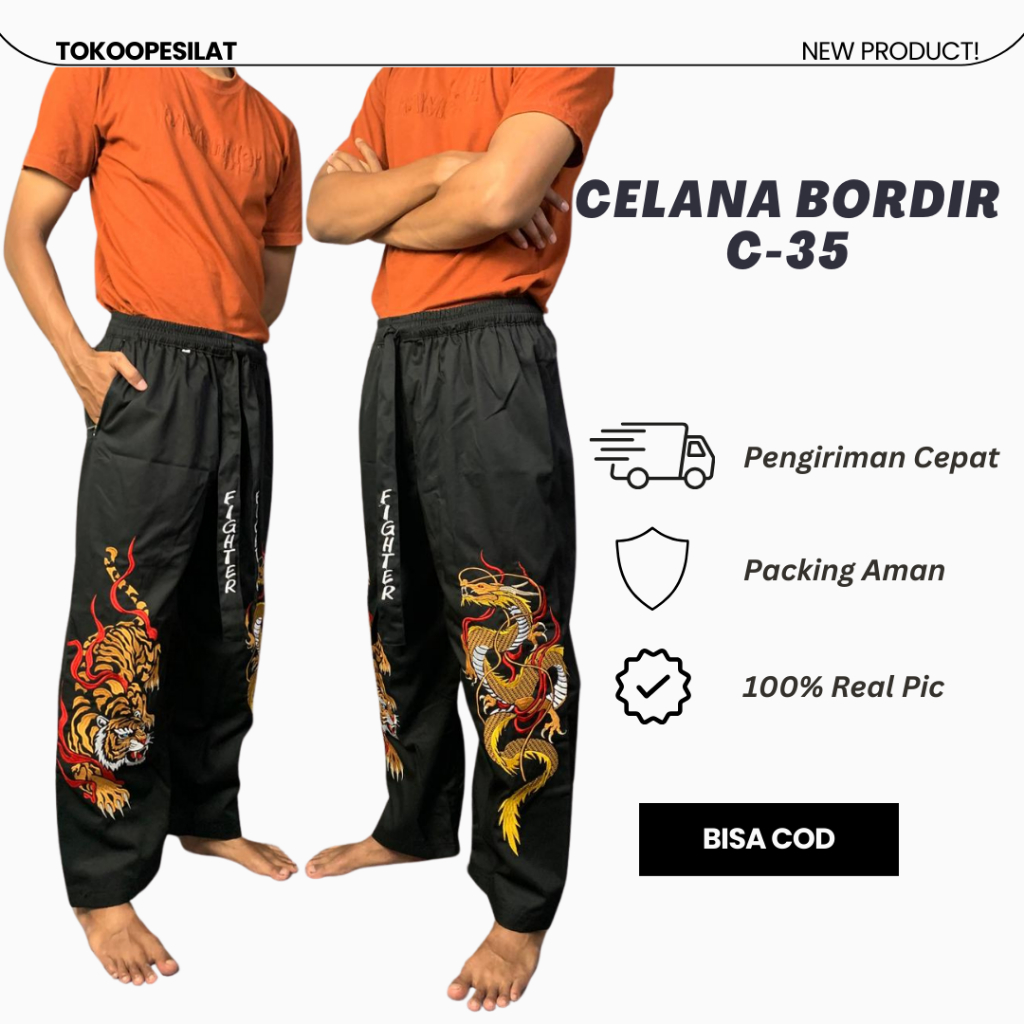 Celana Pakaian Silat Bordir C-35 Motif Macan Harimau Naga Bahan Tebal Hitam Ukuran Standar Sampai Ju