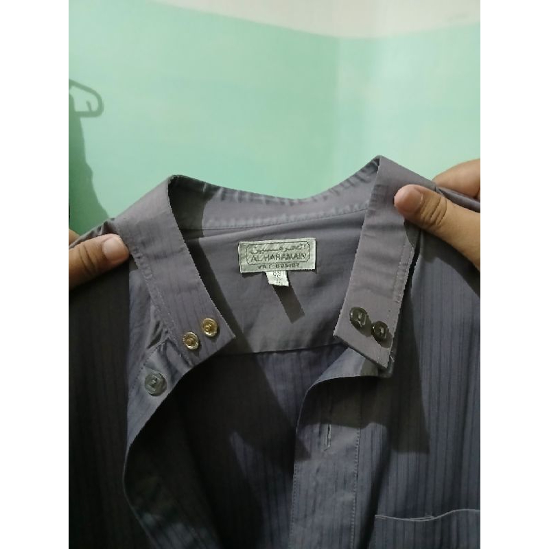 Jubah Haramain Pria Preloved Abu-abu tua salur Gamis Pria Polyester