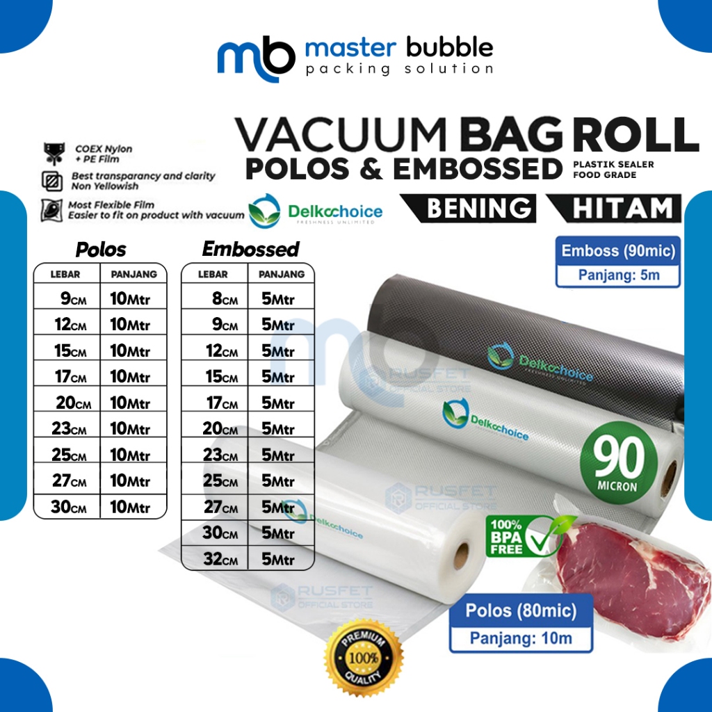 Plastik Vacuum Vacum Bag ROLL Plastik Vakum Sealer Makanan Polos Emboss Bening Hitam - Delkochoice