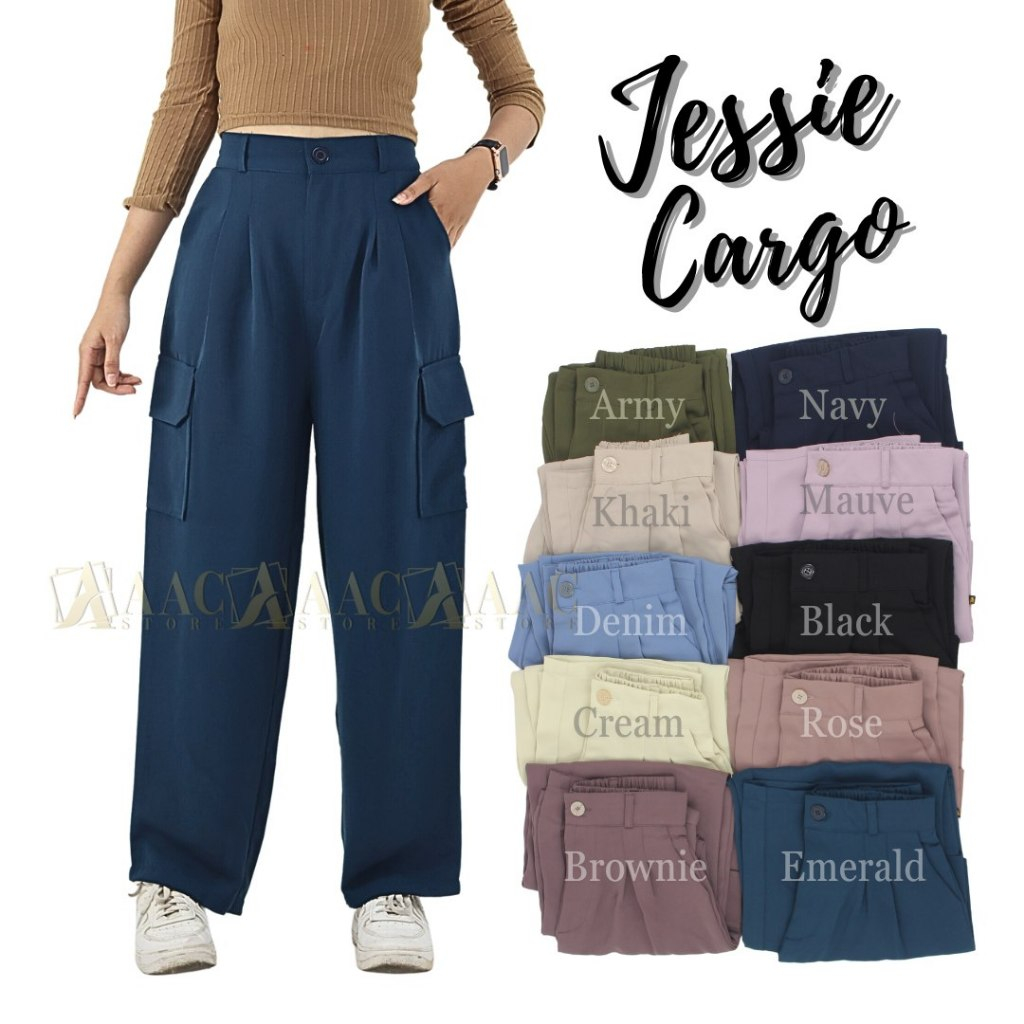 AAC - Jessie Cargo Pants Loose Cargo Higtwaist Celana bahan Polyester Anti Kusut