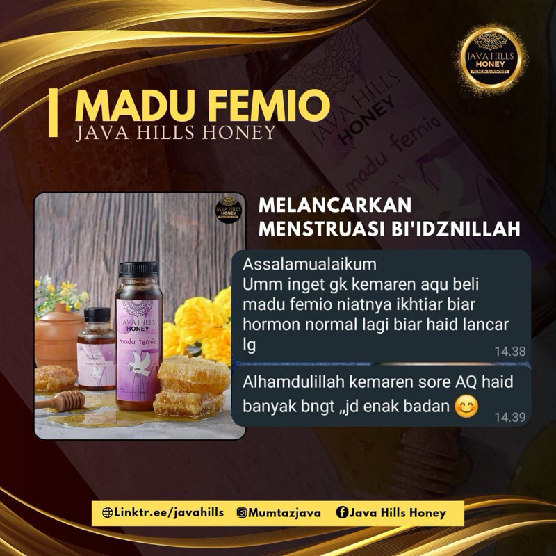 

MADU FEMIO - Javahills Honey 100% | Untuk Promil, mengatasi kista, keputihan, PCOS, dan masalah kewanitaan kainya
