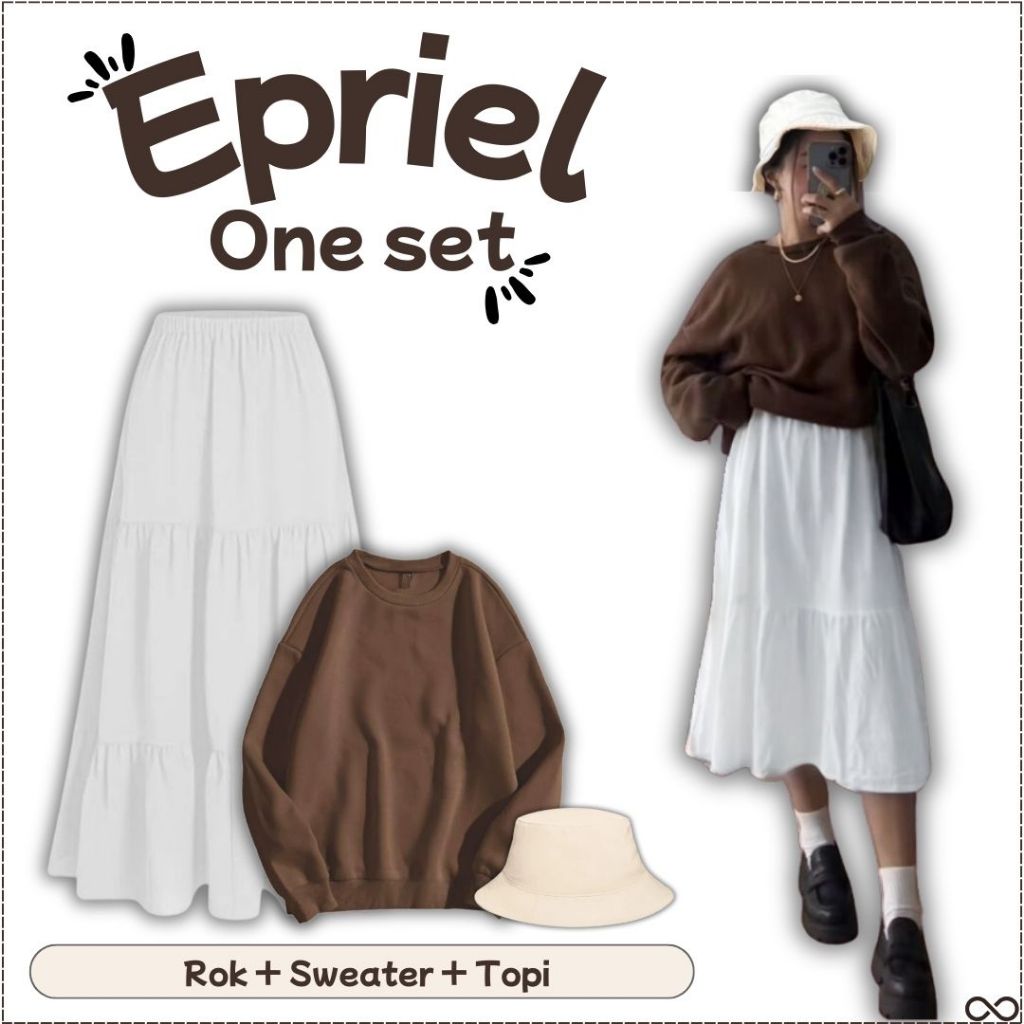Epriel Outfit Simple (Sweater coklat dan rok putih) Korean style remaja - FS28