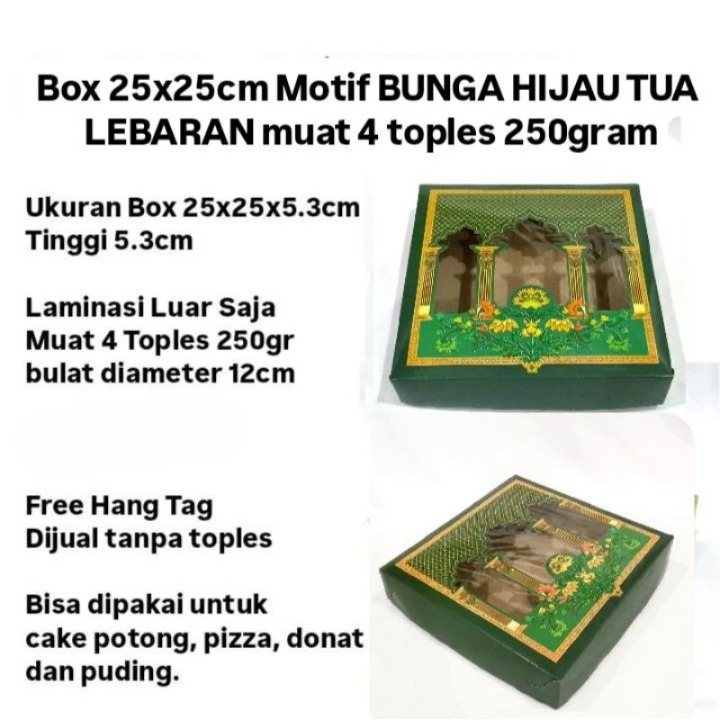 

( 5pcs ) Cake Box Mika Kue Bolu Lebaran Motif Bunga Hijau Tua isi 4 Toples Bulat 250gr Ukuran 25x25x5 cm