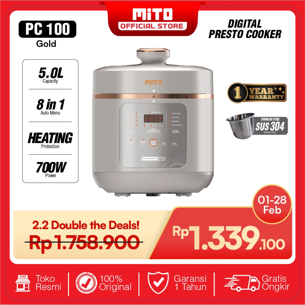 MITO Presto cooker PC100 5L 700Watt - Digital Pressure Cooker - Diamond Series