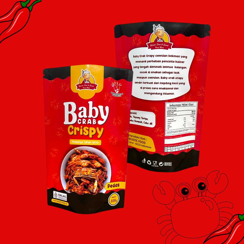 

Baby crab krispy rajungan 100gr kemasan craby krips cemilan viral pedas goreng halal kepiting seafood daun jeruk balado