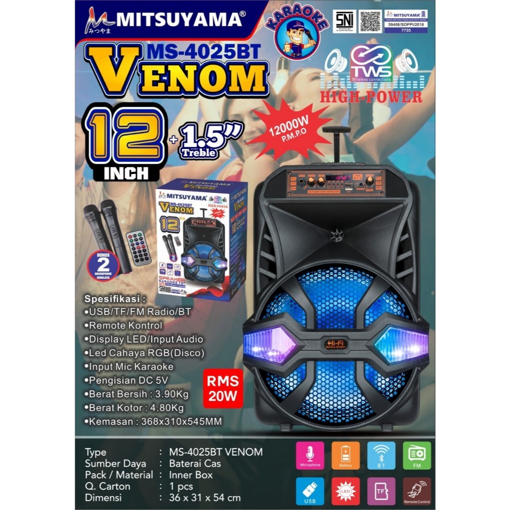 Speaker Bluetooth Portable Mitsuyama 12Inch MS-4025BT VENOM