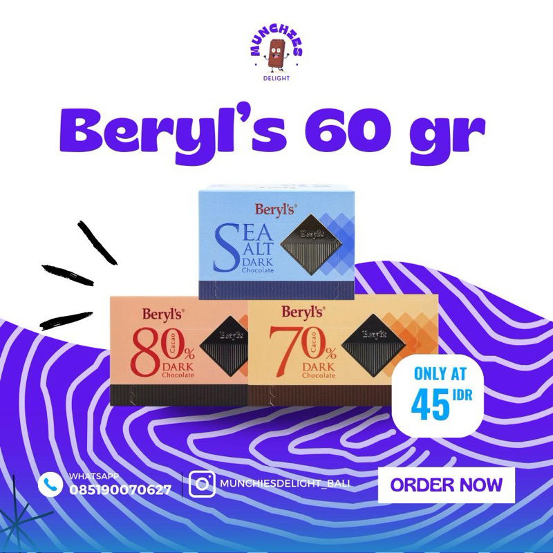 

Beryl's Dark Chocolate 60 g / Coklat Diet / Coklat Beryls / Beryls Dark Chocolate / Beryls Seasalt / Beryls 70% / Beryls 80%